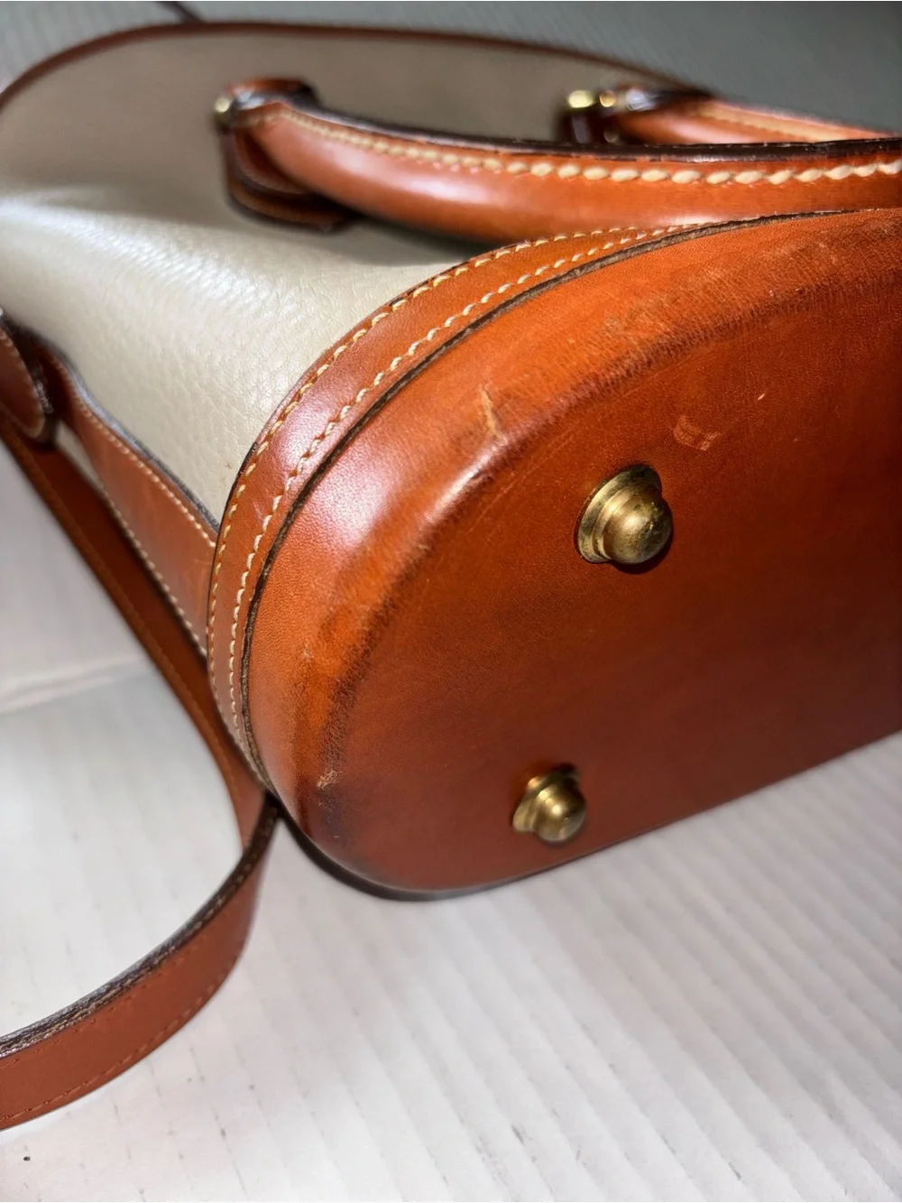 Dooney & Bourke Cream and Brown Leather Dome Satchel Handbag